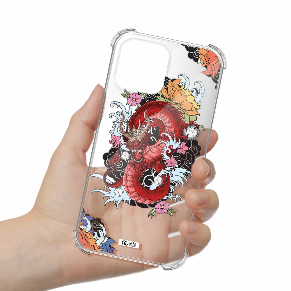 a red dragon with flowers and clouds Apple iPhone 13 Pro Max Clear PC Case