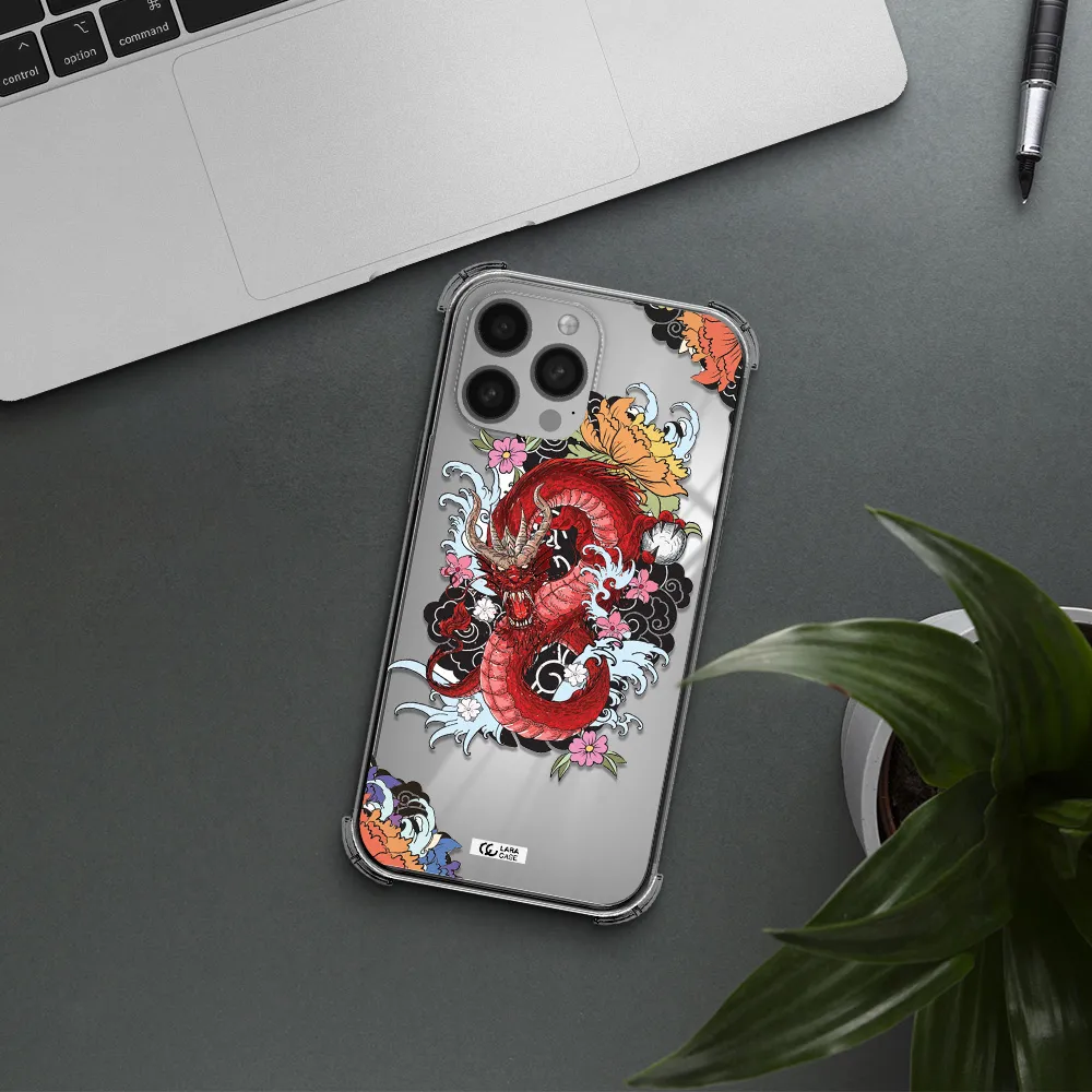 a red dragon with flowers and clouds Apple iPhone 13 Pro Max Clear PC Case