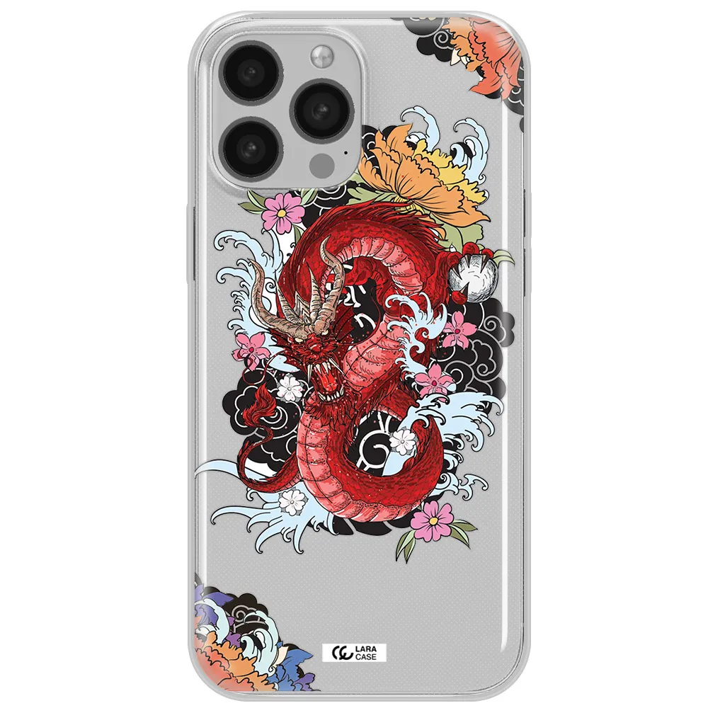 a red dragon with flowers and clouds Apple iPhone 13 Pro Max Clear TPU Case