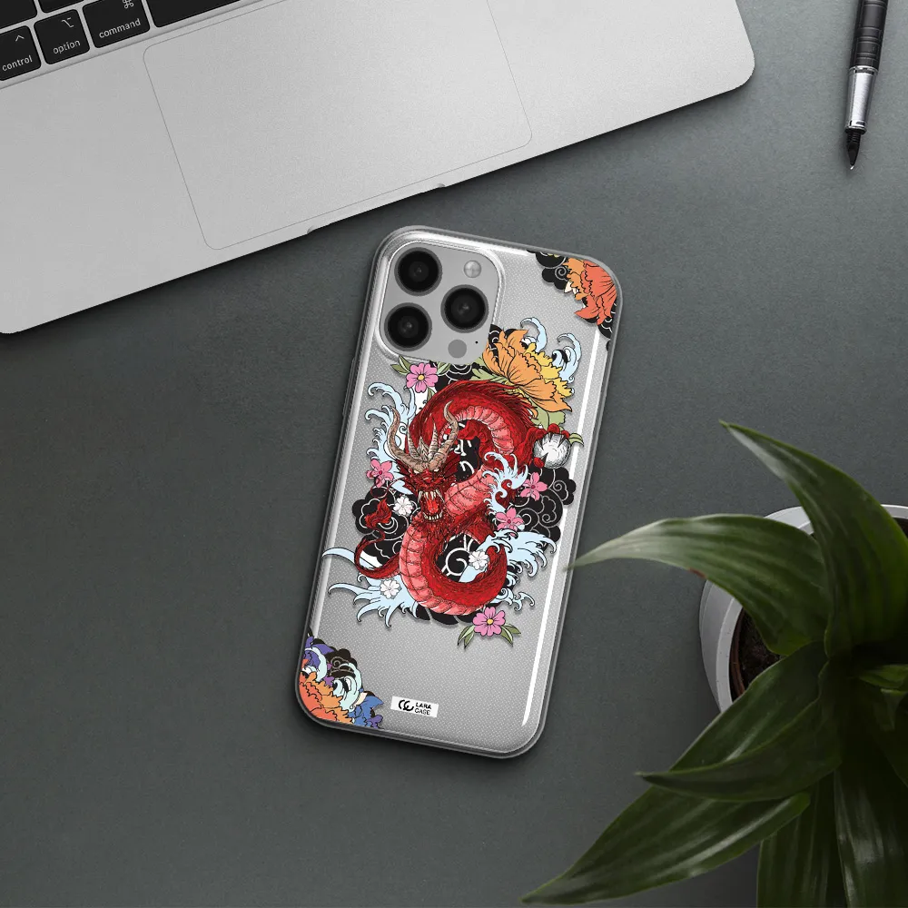 a red dragon with flowers and clouds Apple iPhone 13 Pro Max Clear TPU Case