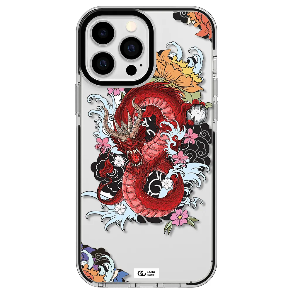 a red dragon with flowers and clouds Apple iPhone 13 Pro Max impact black border Case