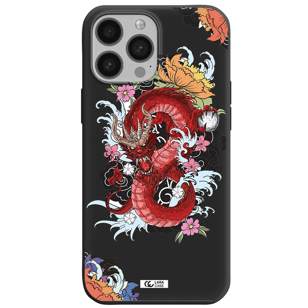 a red dragon with flowers and clouds Apple iPhone 13 Pro Max Silicone black Case