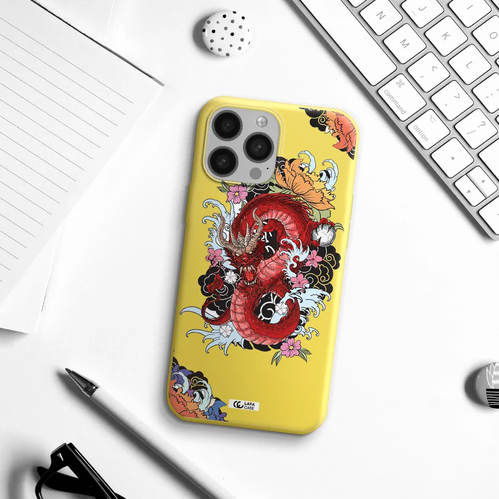 a red dragon with flowers and clouds Apple iPhone 13 Pro Max Silicone canary yellow Case