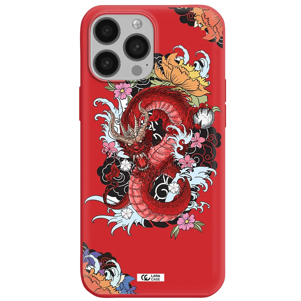 a red dragon with flowers and clouds Apple iPhone 13 Pro Max Silicone Imperial Red Case