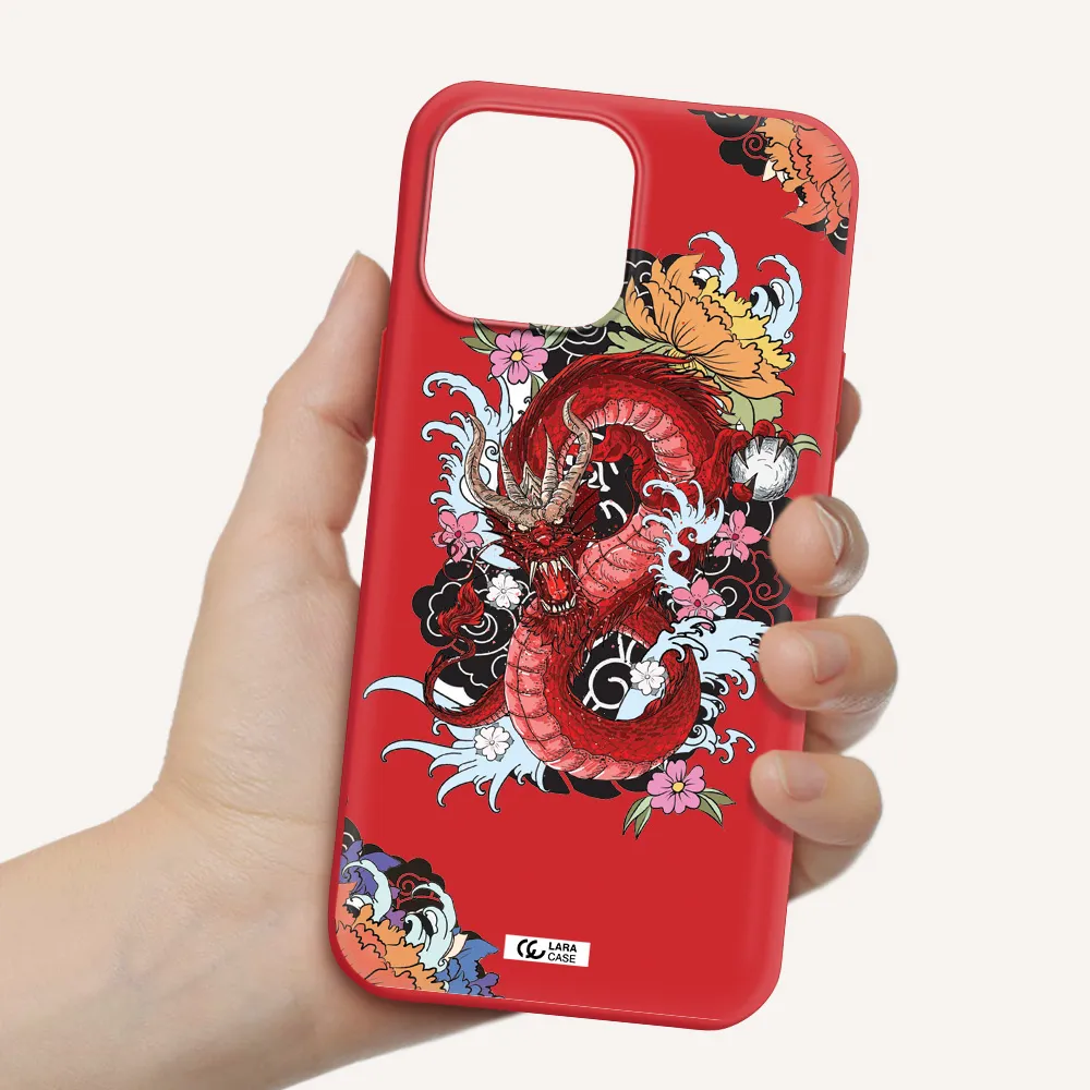a red dragon with flowers and clouds Apple iPhone 13 Pro Max Silicone Imperial Red Case