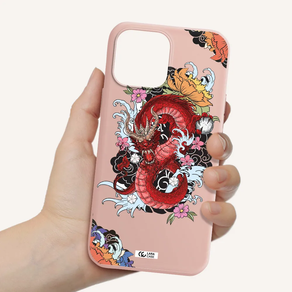 a red dragon with flowers and clouds Apple iPhone 13 Pro Max Silicone pastel pink Case