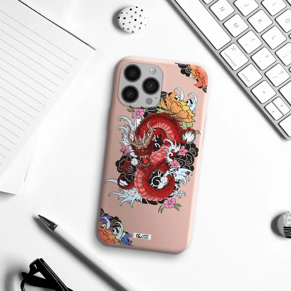 a red dragon with flowers and clouds Apple iPhone 13 Pro Max Silicone pastel pink Case