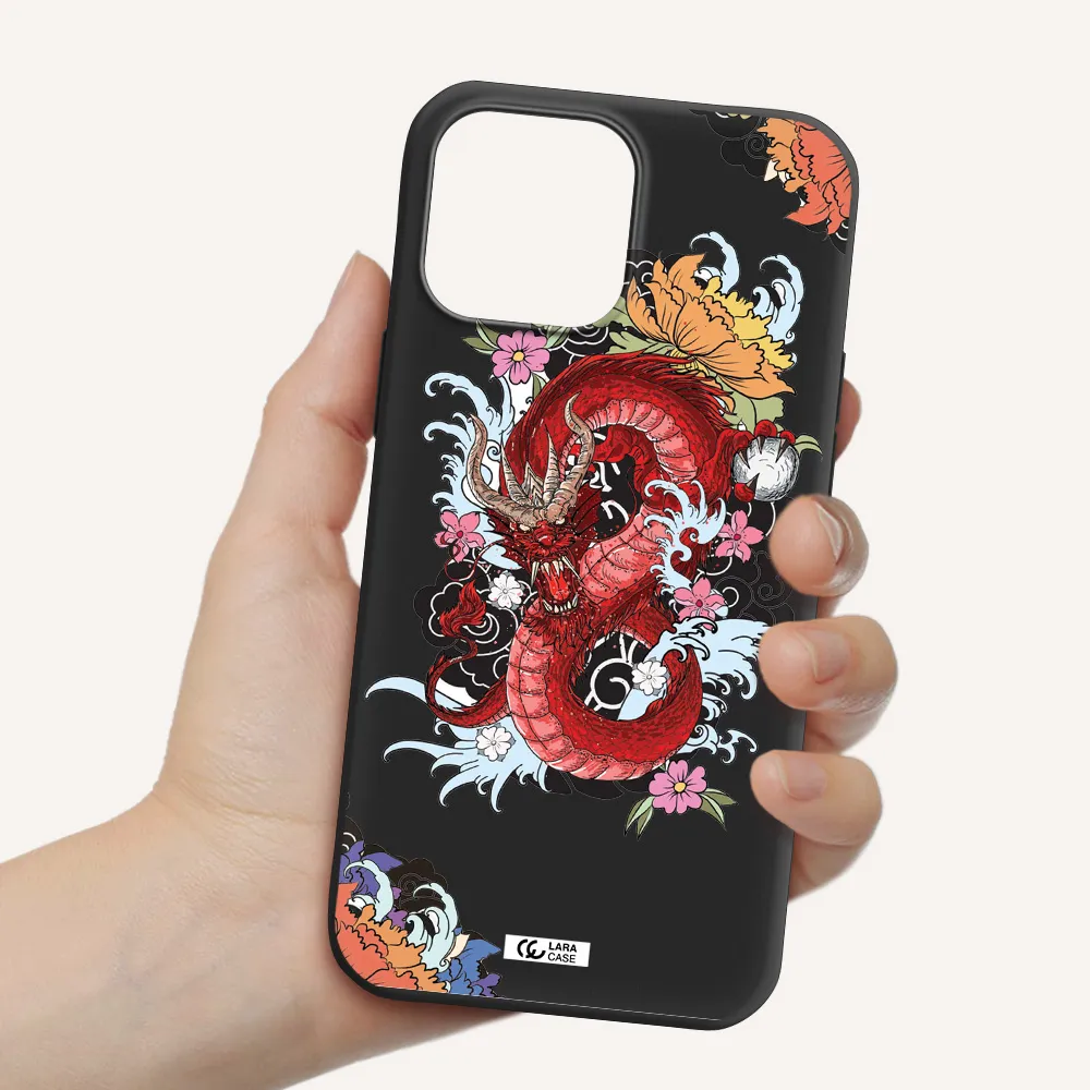 a red dragon with flowers and clouds Apple iPhone 13 Pro Silicone black Case