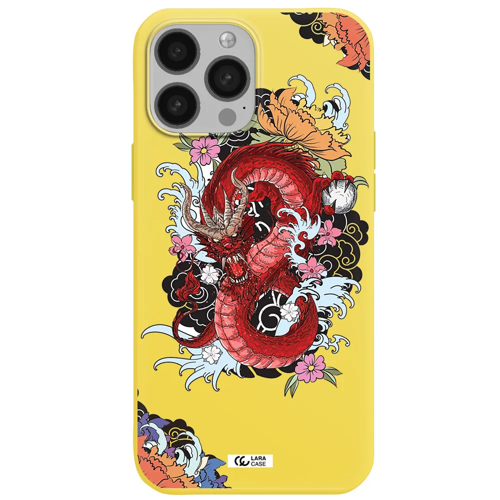 a red dragon with flowers and clouds Apple iPhone 13 Pro Silicone canary yellow Case