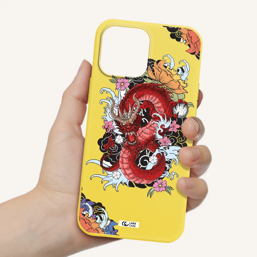 a red dragon with flowers and clouds Apple iPhone 13 Pro Silicone canary yellow Case