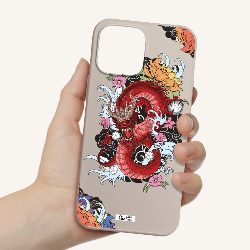 a red dragon with flowers and clouds Apple iPhone 13 Pro Silicone Stone Case