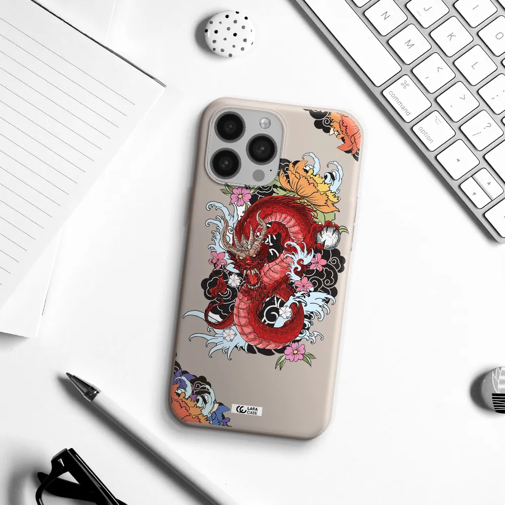a red dragon with flowers and clouds Apple iPhone 13 Pro Silicone Stone Case