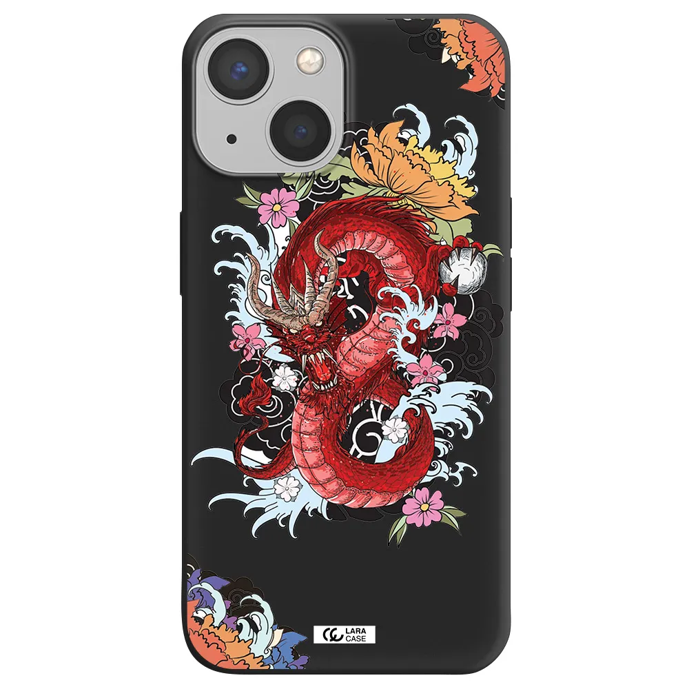 a red dragon with flowers and clouds Apple iPhone 13 Silicone black Case
