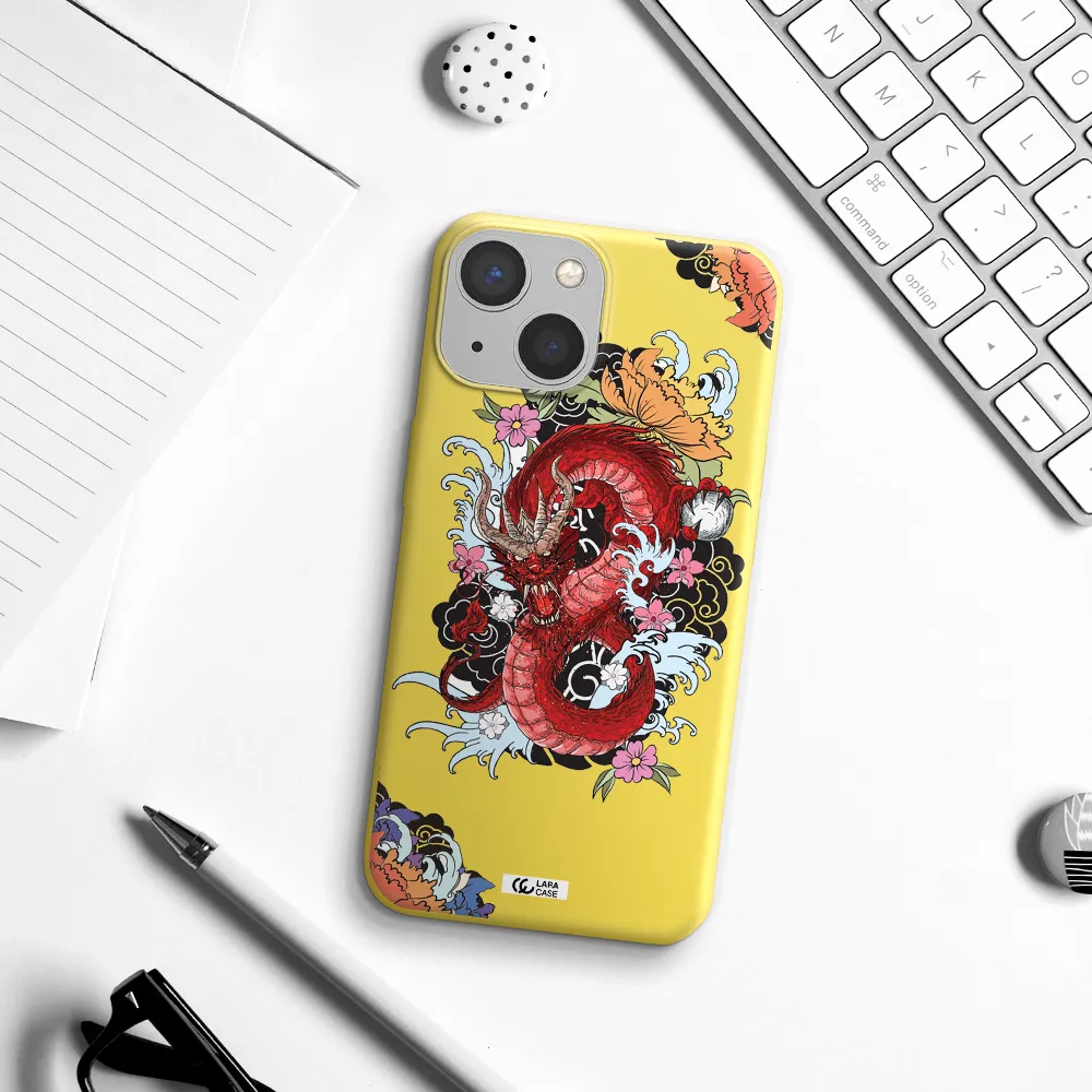 a red dragon with flowers and clouds Apple iPhone 13 Silicone canary yellow Case