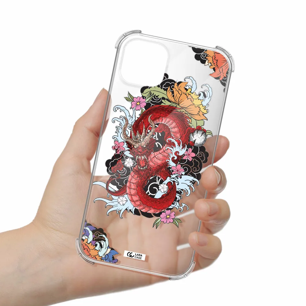 a red dragon with flowers and clouds Apple iPhone 14 Clear PC Case