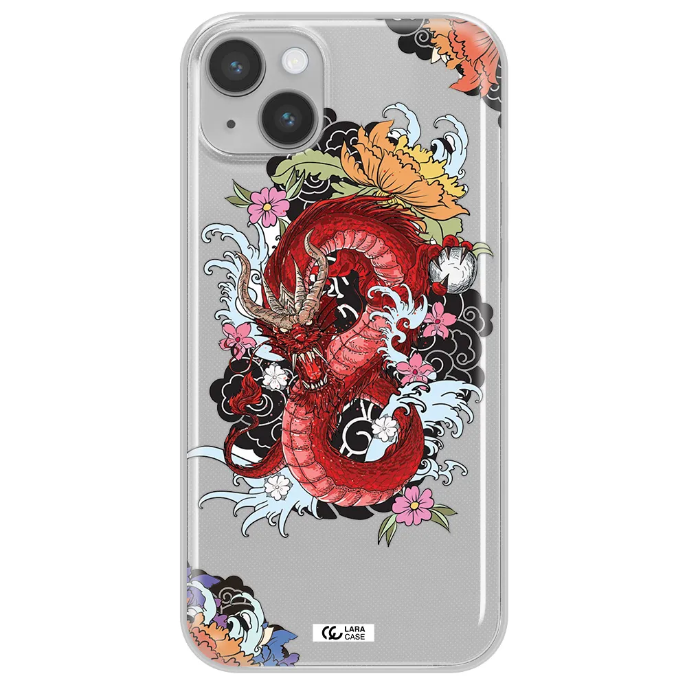 a red dragon with flowers and clouds Apple iPhone 14 Clear TPU Case