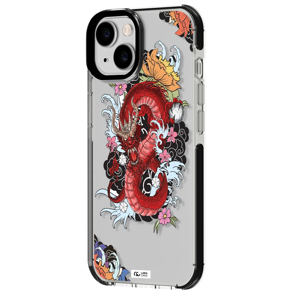 a red dragon with flowers and clouds Apple iPhone 14 impact black border Case