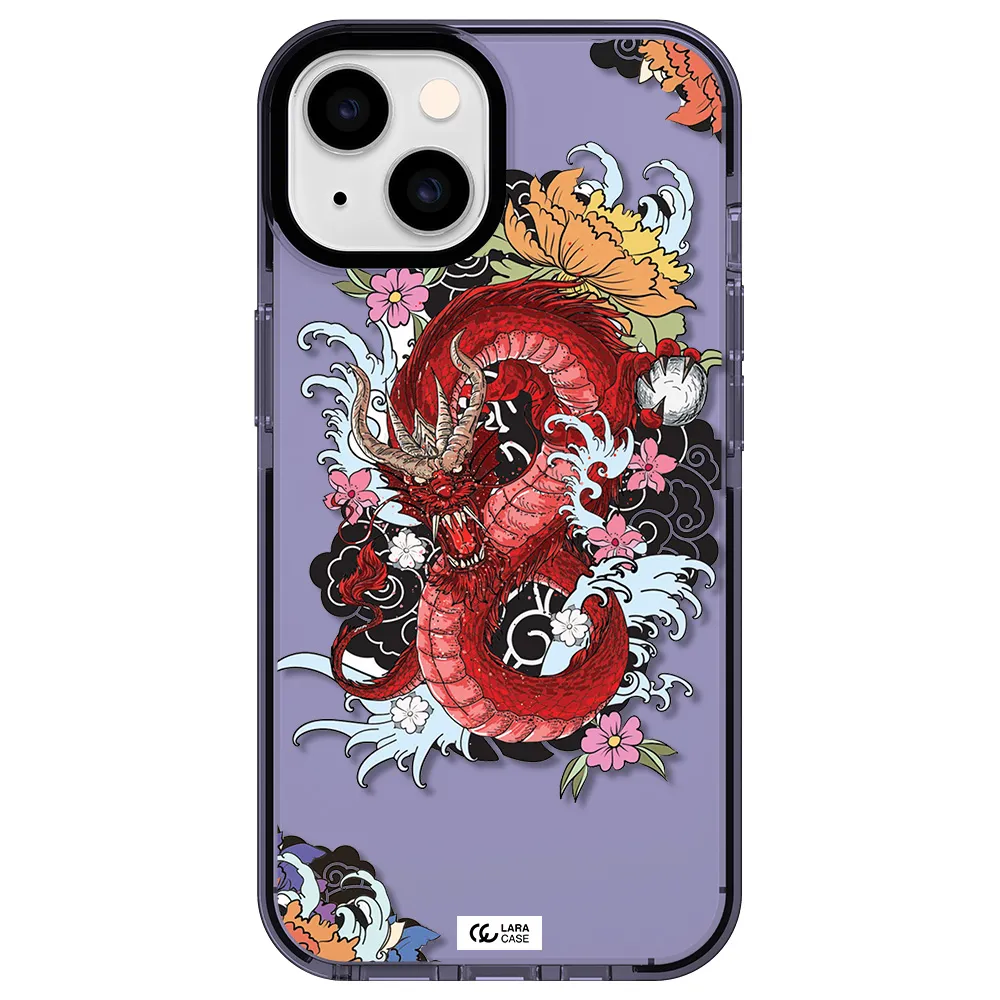 a red dragon with flowers and clouds Apple iPhone 14 impact Lilac Case