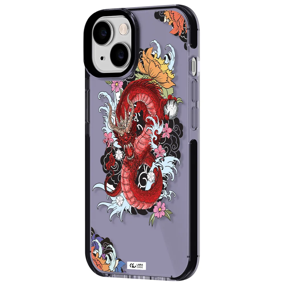 a red dragon with flowers and clouds Apple iPhone 14 impact Lilac Case