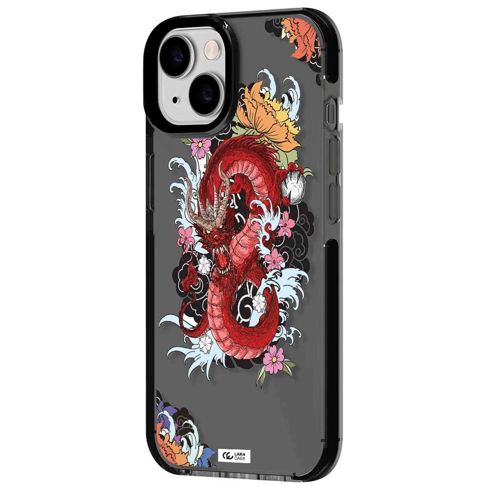 a red dragon with flowers and clouds Apple iPhone 14 impact Smoke Black Case