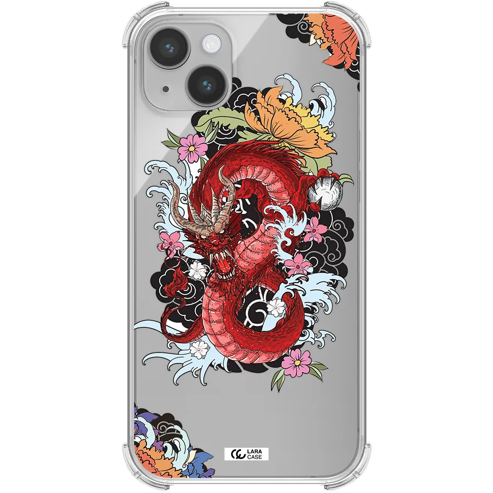a red dragon with flowers and clouds Apple iPhone 14 plus Clear PC Case