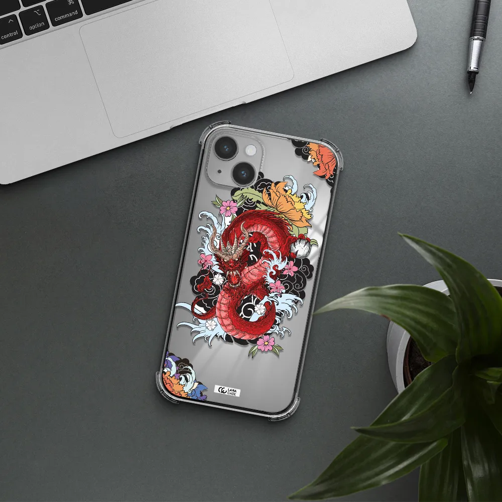 a red dragon with flowers and clouds Apple iPhone 14 plus Clear PC Case