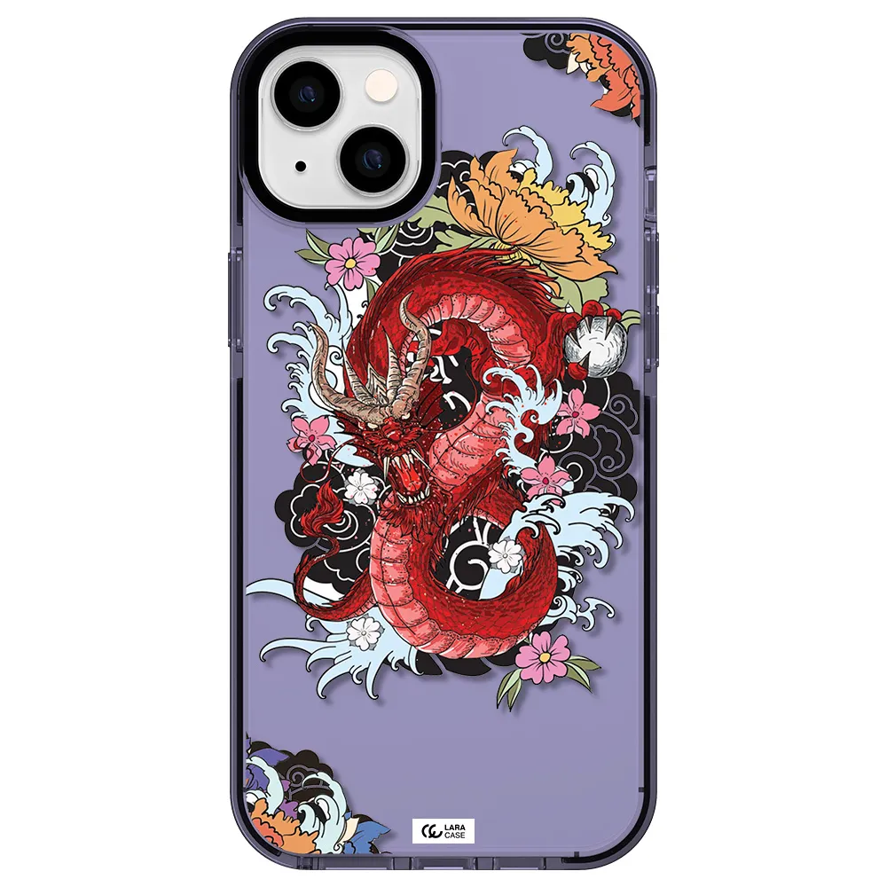 a red dragon with flowers and clouds Apple iPhone 14 plus impact Lilac Case