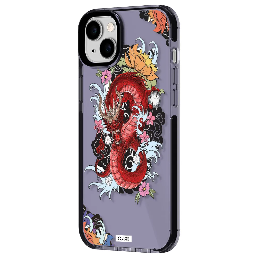 a red dragon with flowers and clouds Apple iPhone 14 plus impact Lilac Case