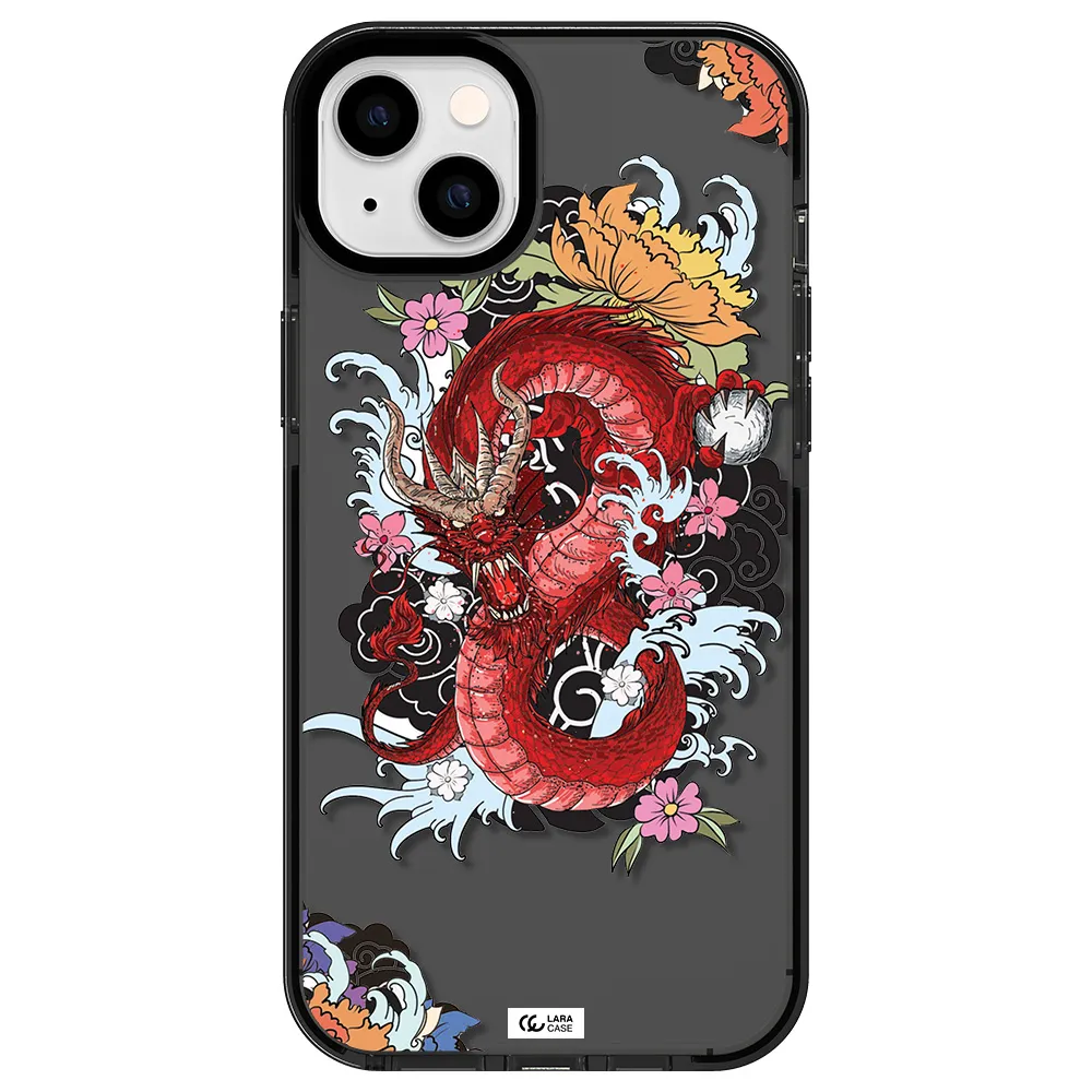 a red dragon with flowers and clouds Apple iPhone 14 plus impact Smoke Black Case
