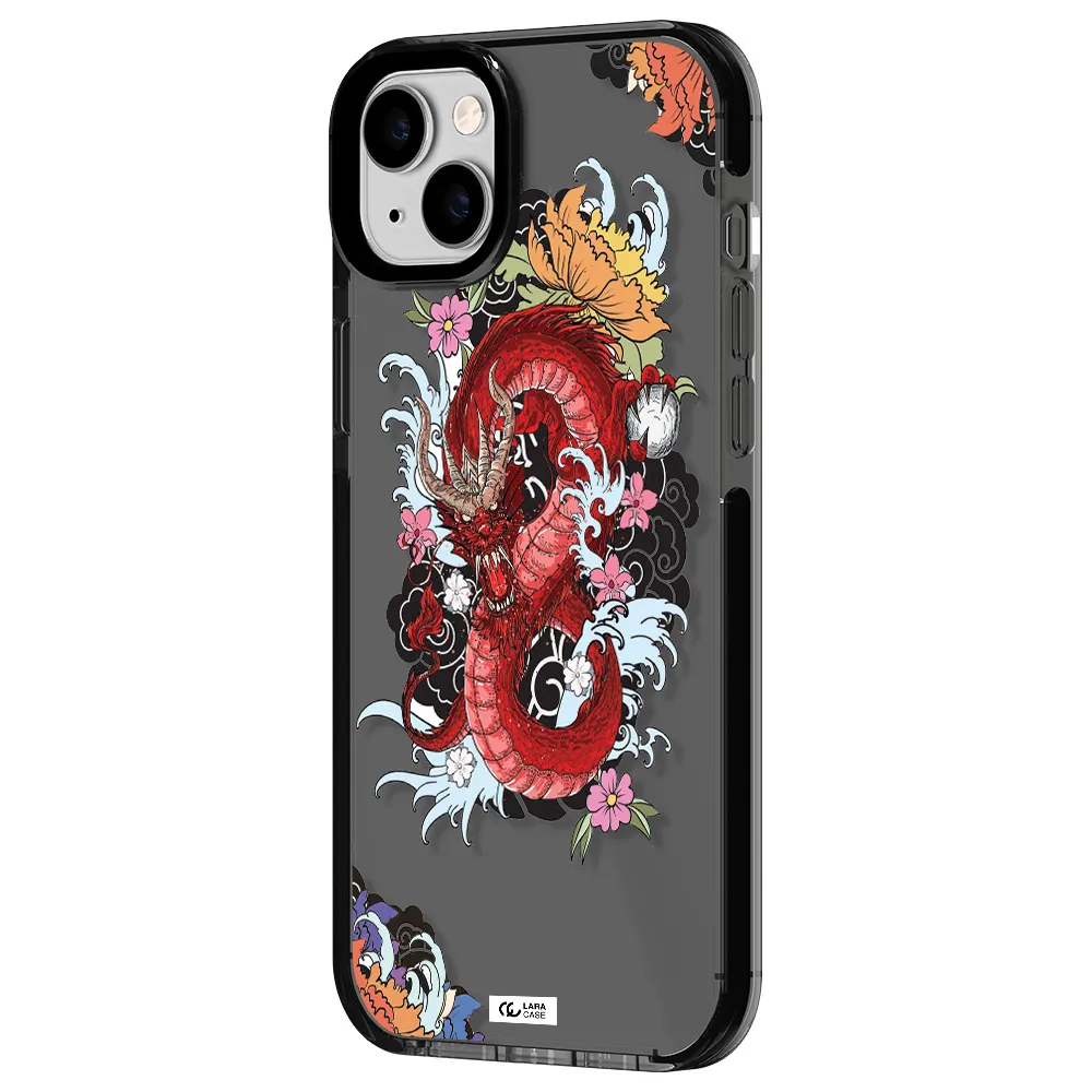 a red dragon with flowers and clouds Apple iPhone 14 plus impact Smoke Black Case