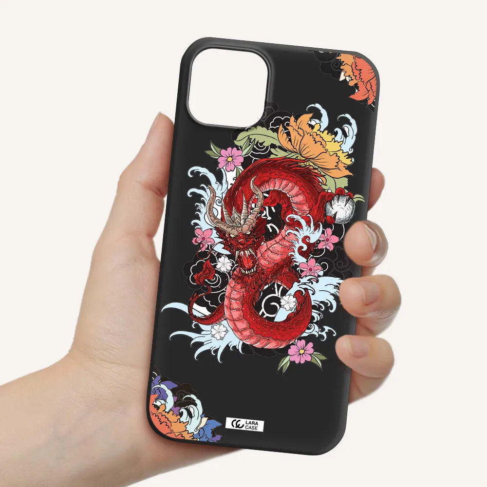 a red dragon with flowers and clouds Apple iPhone 14 plus Silicone black Case