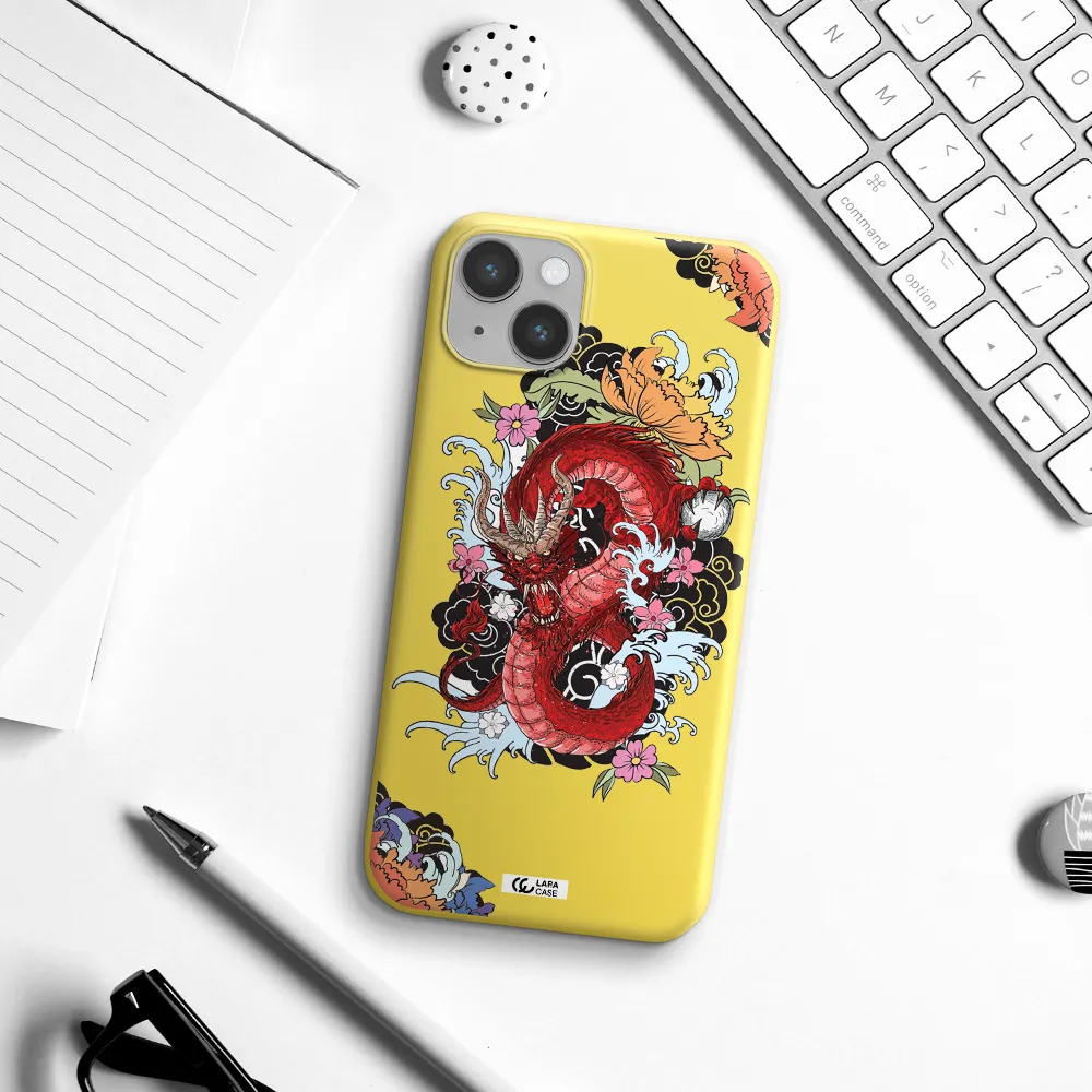 a red dragon with flowers and clouds Apple iPhone 14 plus Silicone canary yellow Case