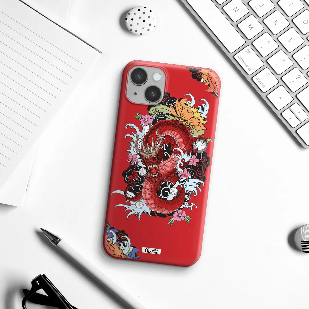a red dragon with flowers and clouds Apple iPhone 14 plus Silicone Imperial Red Case