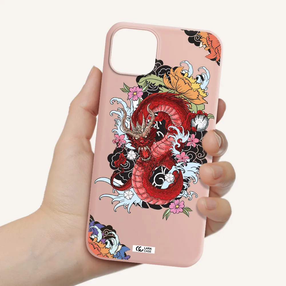 a red dragon with flowers and clouds Apple iPhone 14 plus Silicone pastel pink Case