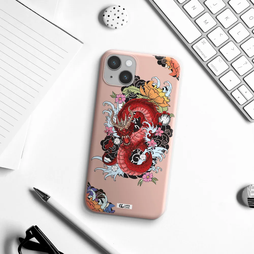 a red dragon with flowers and clouds Apple iPhone 14 plus Silicone pastel pink Case