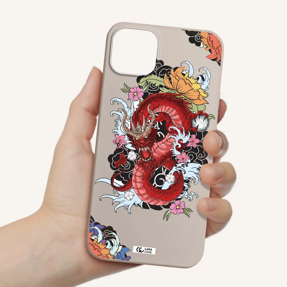 a red dragon with flowers and clouds Apple iPhone 14 plus Silicone Stone Case