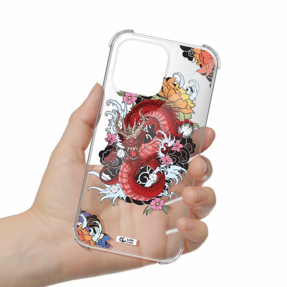 a red dragon with flowers and clouds Apple iPhone 14 pro Clear PC Case