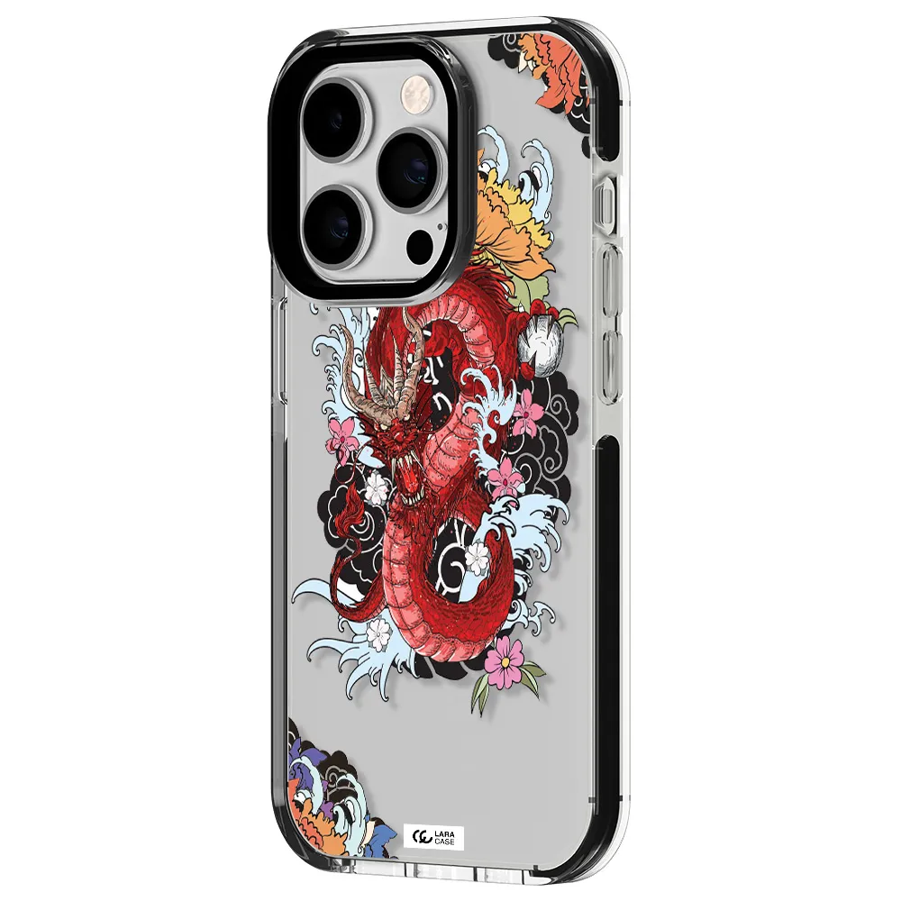 a red dragon with flowers and clouds Apple iPhone 14 pro impact black border Case