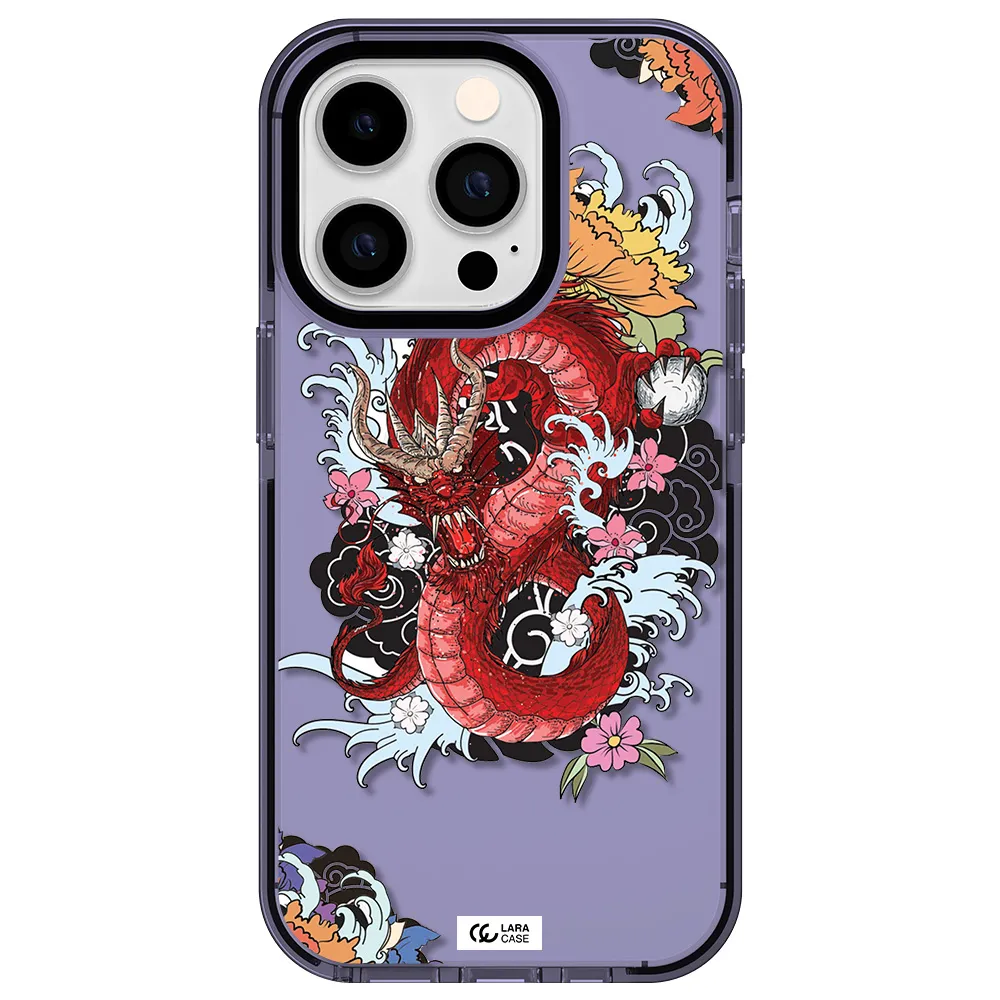a red dragon with flowers and clouds Apple iPhone 14 pro impact Lilac Case