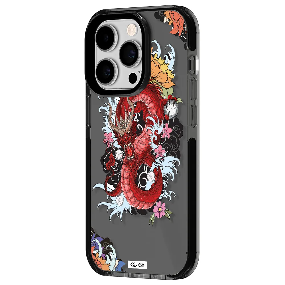 a red dragon with flowers and clouds Apple iPhone 14 pro impact Smoke Black Case