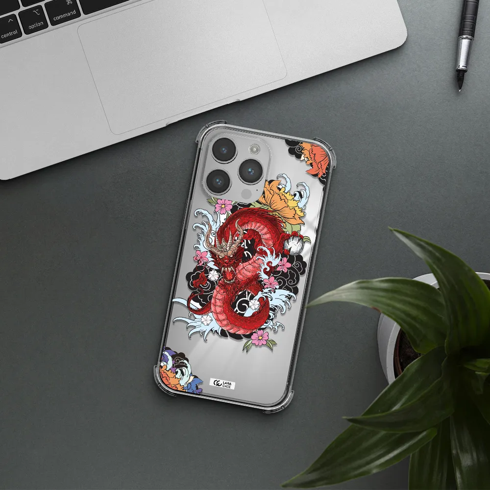 a red dragon with flowers and clouds Apple iPhone 14 pro max Clear PC Case