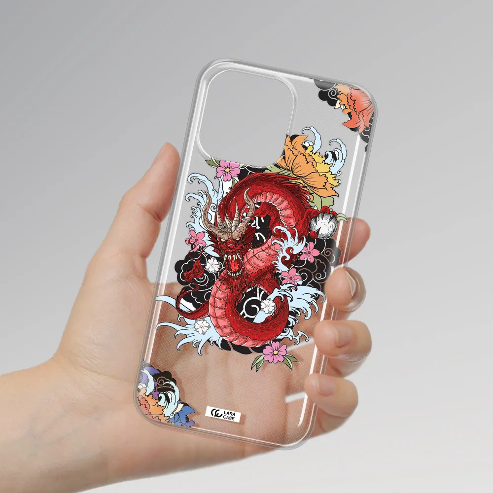 a red dragon with flowers and clouds Apple iPhone 14 pro max Clear TPU Case