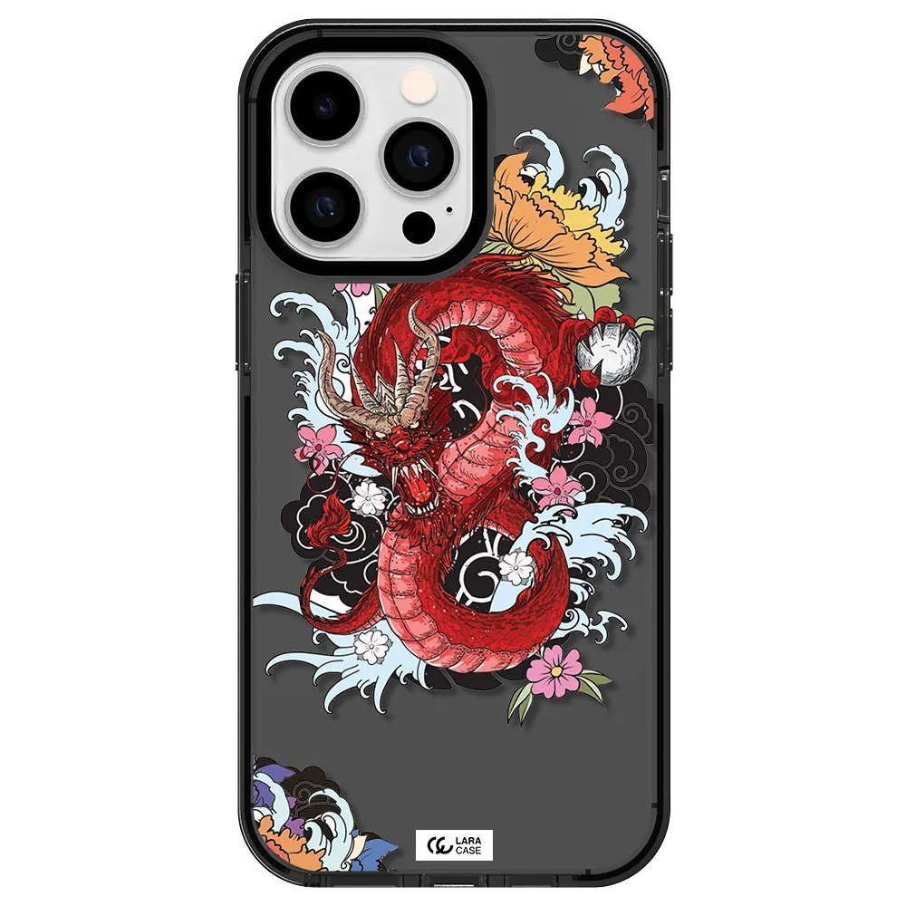 a red dragon with flowers and clouds Apple iPhone 14 pro max impact Smoke Black Case