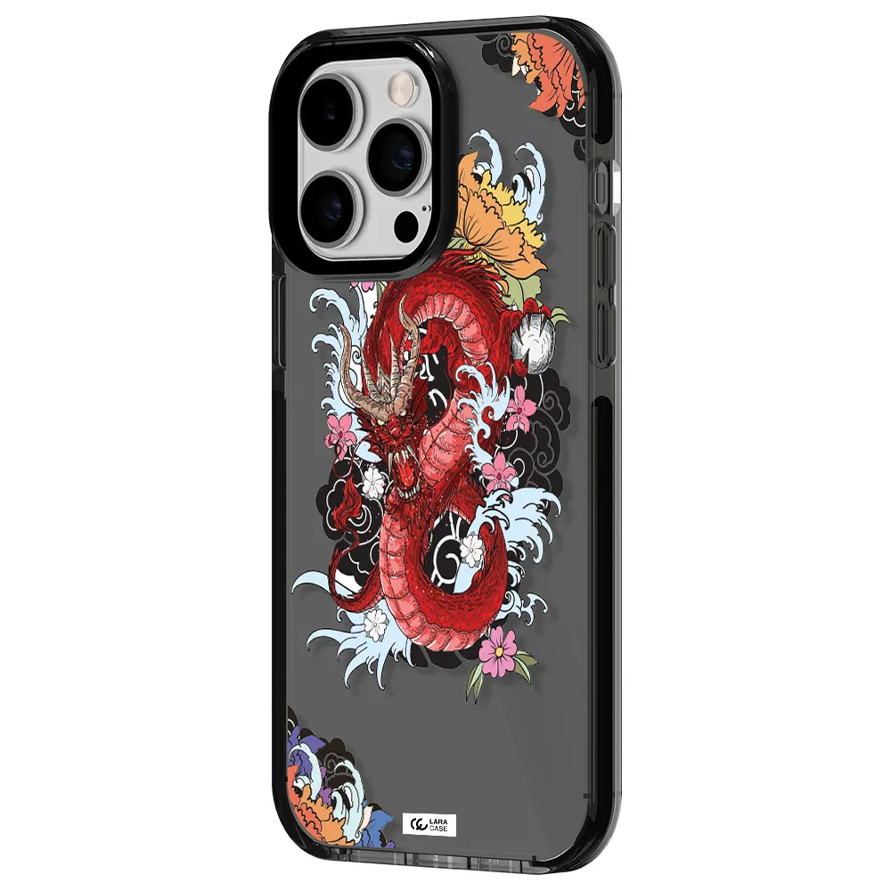 a red dragon with flowers and clouds Apple iPhone 14 pro max impact Smoke Black Case