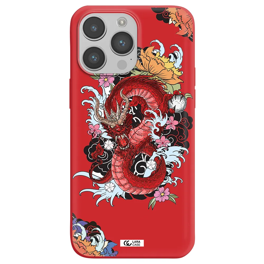 a red dragon with flowers and clouds Apple iPhone 14 pro max Silicone Imperial Red Case