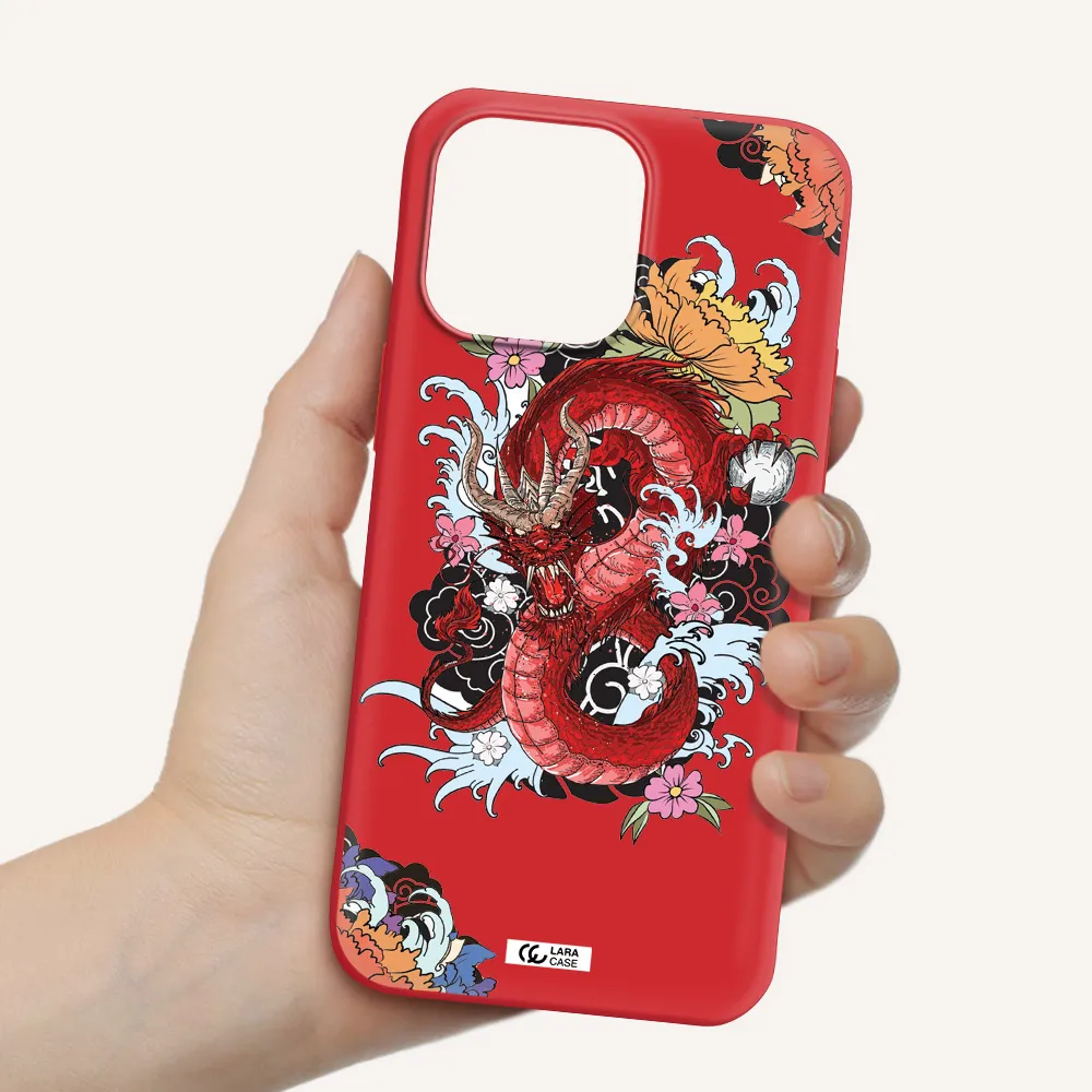 a red dragon with flowers and clouds Apple iPhone 14 pro max Silicone Imperial Red Case