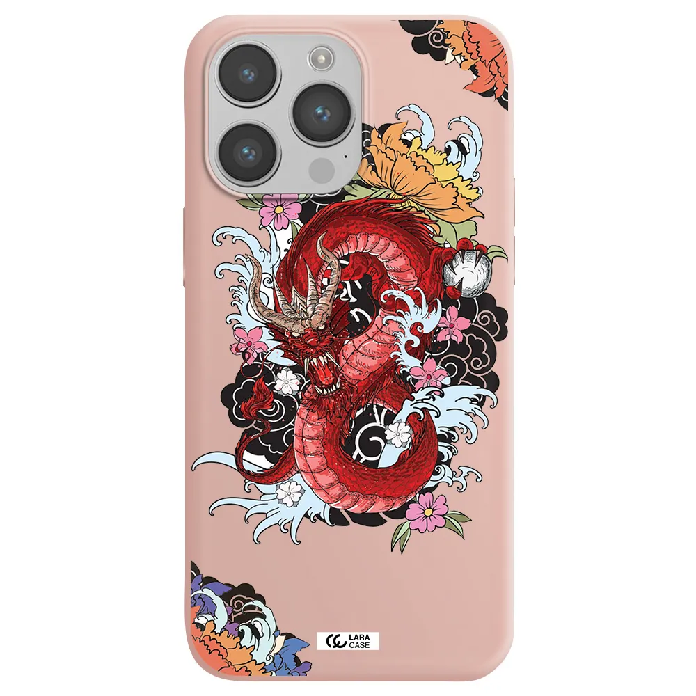 a red dragon with flowers and clouds Apple iPhone 14 pro max Silicone pastel pink Case