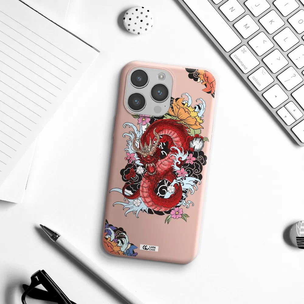 a red dragon with flowers and clouds Apple iPhone 14 pro max Silicone pastel pink Case