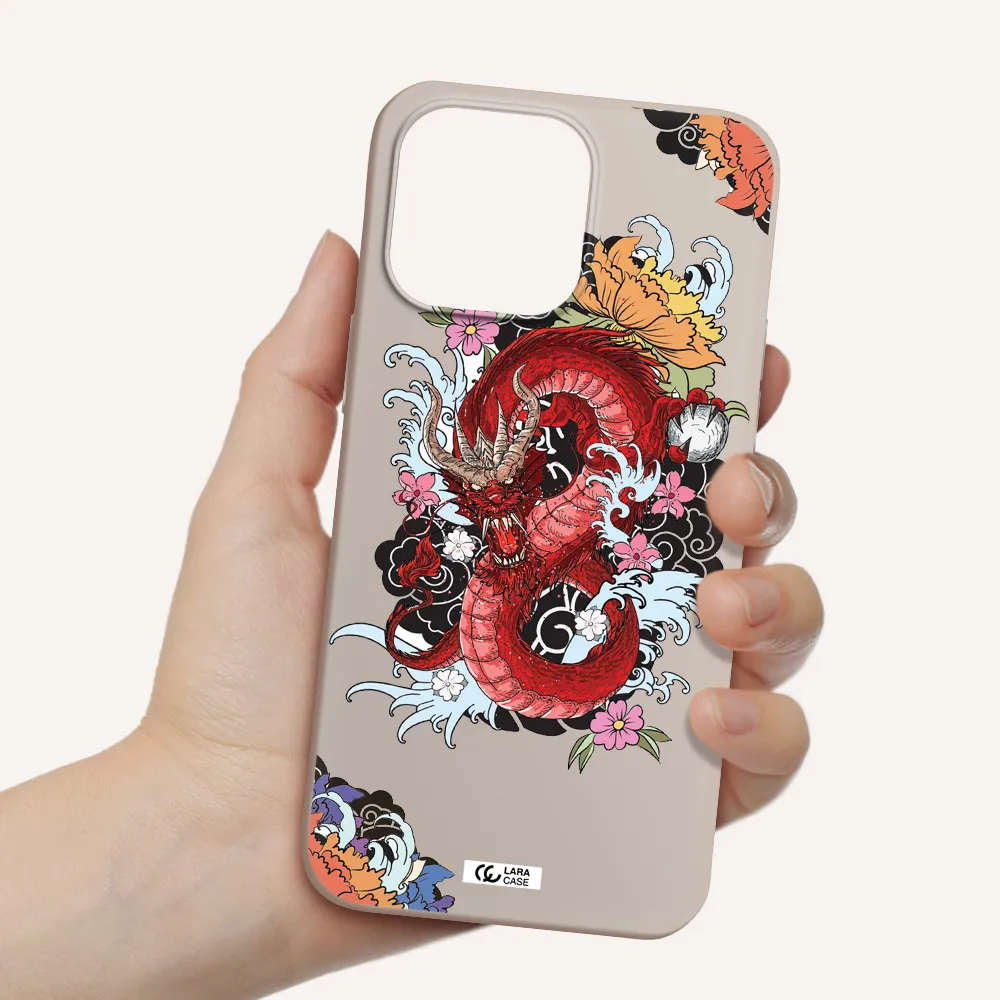 a red dragon with flowers and clouds Apple iPhone 14 pro max Silicone Stone Case