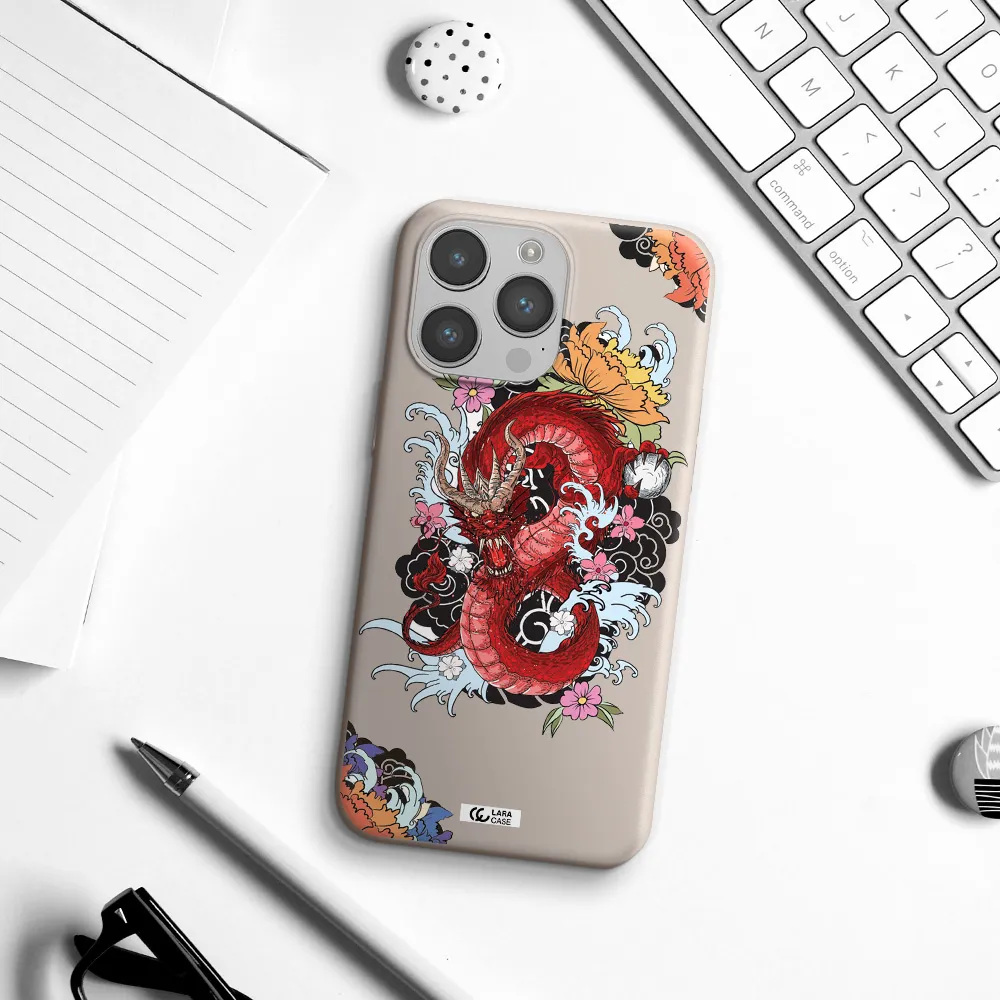a red dragon with flowers and clouds Apple iPhone 14 pro max Silicone Stone Case